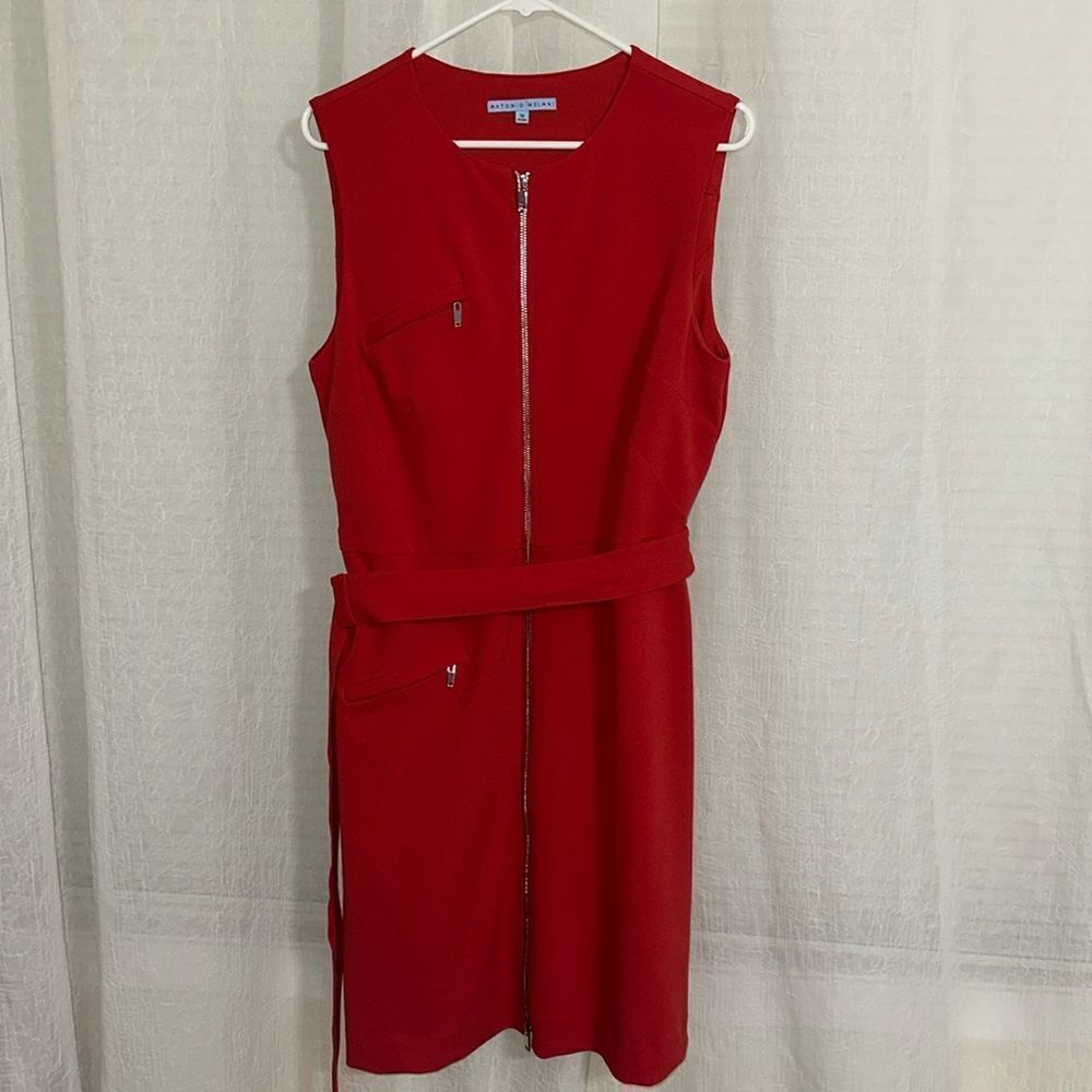 Antonio Melani 12 Red Sleveless Front Zip Belted Suiting Sheath Dress
